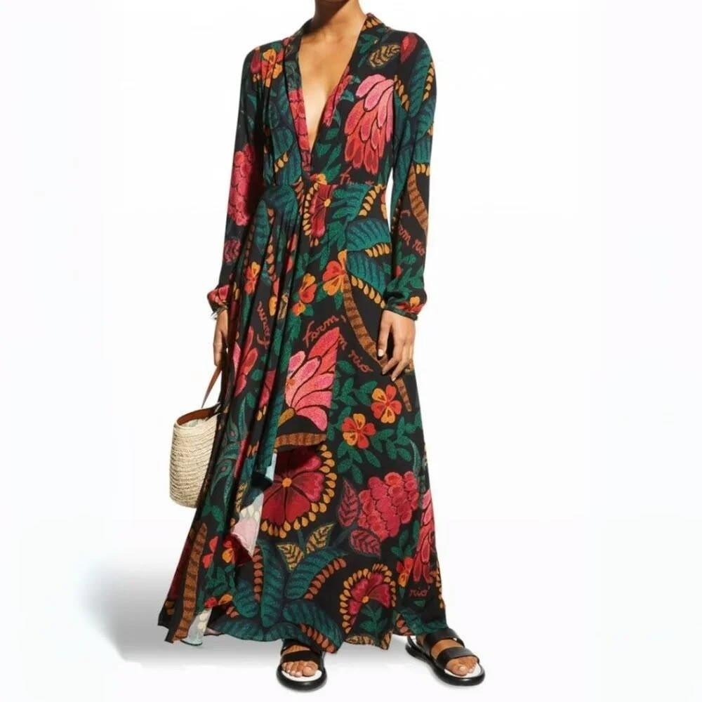 FARM Rio Black Maxi Dress with Pink, Green & Orange Floral Print